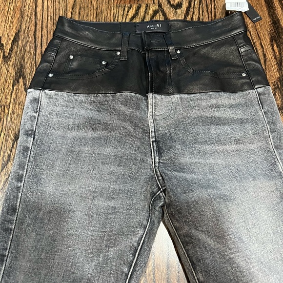 **SOLD** NEW Amiri Genuine Leather Contrast Skinny Jeans Aged Black/Black 25 - Picture 1 of 17